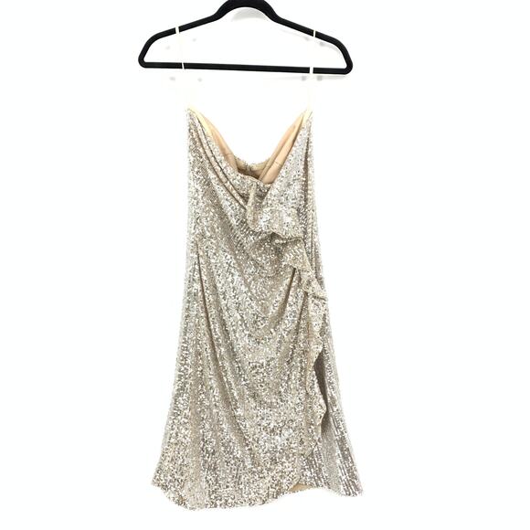 Alexia Admor Strapless Mini Sequin Dress Womens Size Medium Silver Ruffle Detail - Picture 1 of 7